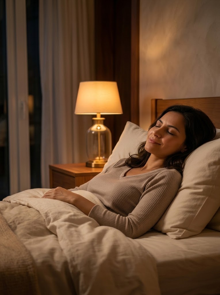 Mulher adulta deitada na cama à noite, relaxada, com a luz quente de um abajur ao lado